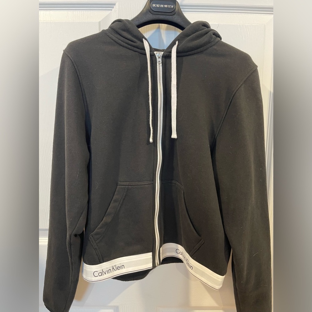 Calvin Klein Black Zip-Up Hoodie with White Trim women large pockets - Picture 10 of 10
